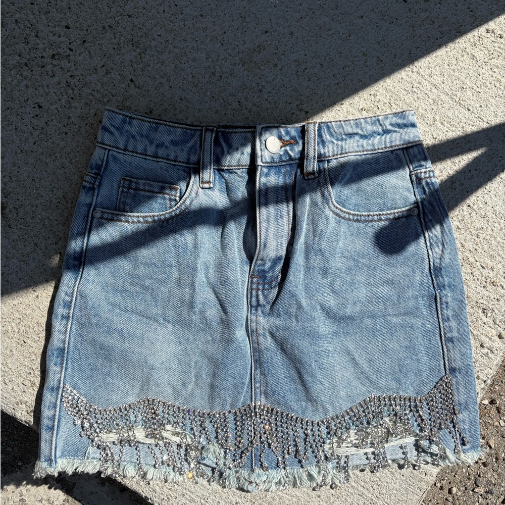 Denim Mini Skirt with Rhinestone Fringe